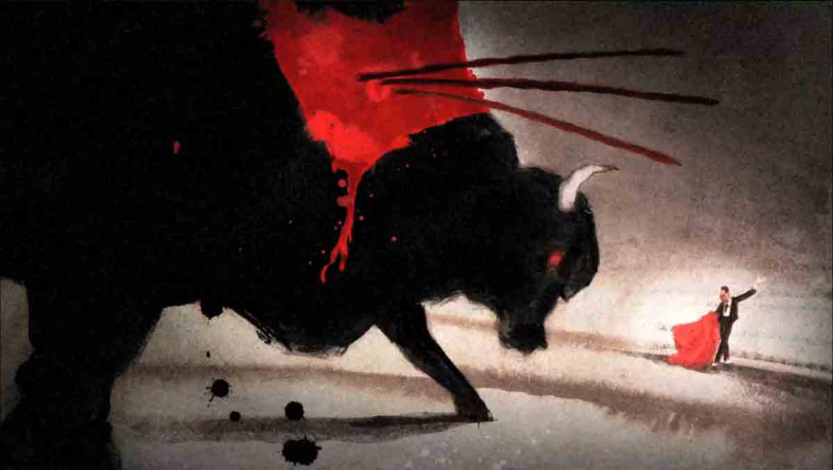 hand drawn bull and matador in bull's fight arena